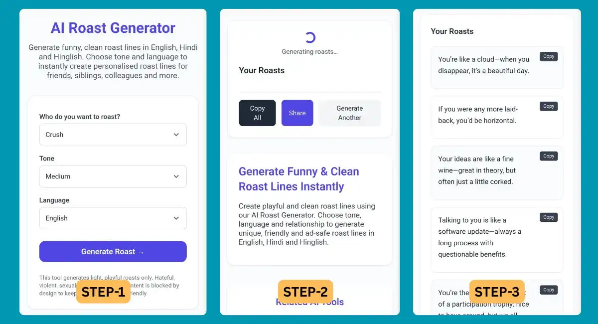 AI Roast Generator tutorial – how to select relation, tone, language and generate roast lines